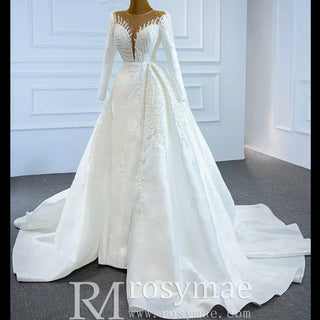 High Back Pearl Beaded Satin Long Sleeve Wedding Dress with Overskirt