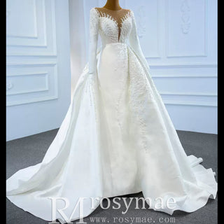 High Back Pearl Beaded Satin Long Sleeve Wedding Dress with Overskirt