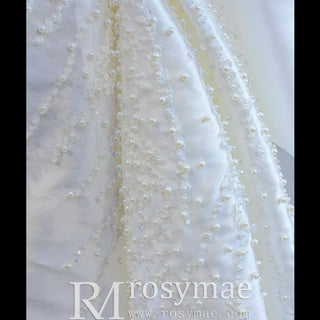 High Back Pearl Beaded Satin Long Sleeve Wedding Dress with Overskirt