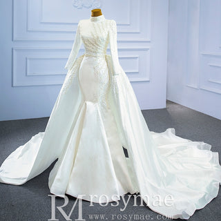 Long Sleeve O-Neck Mermaid Wedding Dress with Detachable Skirt