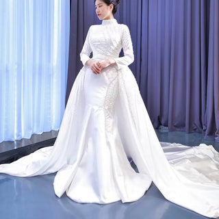 Long Sleeve O-Neck Mermaid Wedding Dress with Detachable Skirt