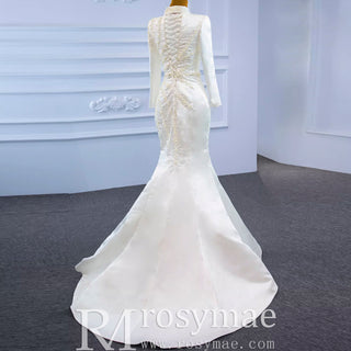 Long Sleeve O-Neck Mermaid Wedding Dress with Detachable Skirt