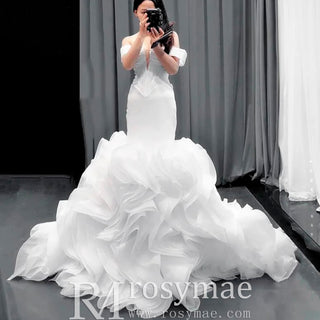 Elegant Ruffle Skirt Trumpet Wedding Dress with Detachable Sleeves