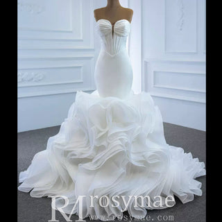 Elegant Ruffle Skirt Trumpet Wedding Dress with Detachable Sleeves