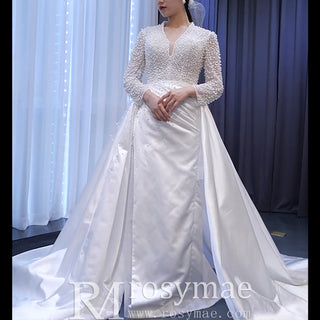 Keyhole Back Modest V-neck Pearl Satin Wedding Dress with Leg Slit