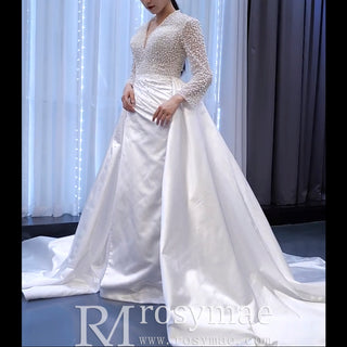 Keyhole Back Modest V-neck Pearl Satin Wedding Dress with Leg Slit