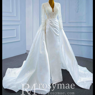 Keyhole Back Modest V-neck Pearl Satin Wedding Dress with Leg Slit