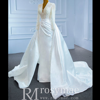 Keyhole Back Modest V-neck Pearl Satin Wedding Dress with Leg Slit