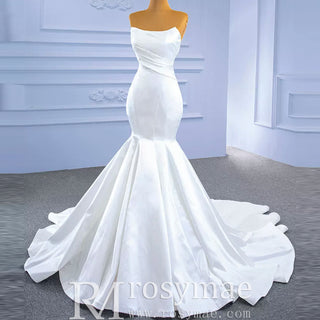 Simple Strapless Satin Trumpet Boat Neck Wedding Dress