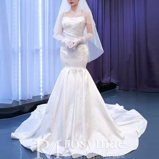 Simple Strapless Satin Trumpet Boat Neck Wedding Dress