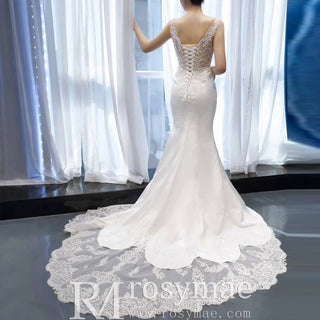 Leaf-Shape Train Mermaid Lace Satin Vneck Wedding Dress with Leg Slit