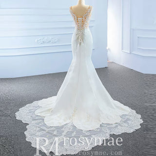 Leaf-Shape Train Mermaid Lace Satin Vneck Wedding Dress with Leg Slit