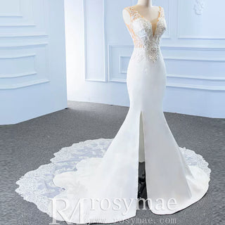 Leaf-Shape Train Mermaid Lace Satin Vneck Wedding Dress with Leg Slit