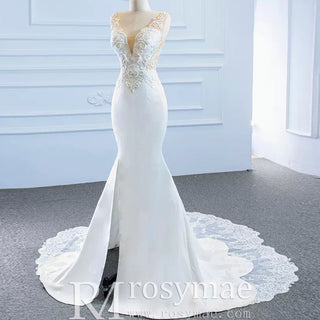 Leaf-Shape Train Mermaid Lace Satin Vneck Wedding Dress with Leg Slit