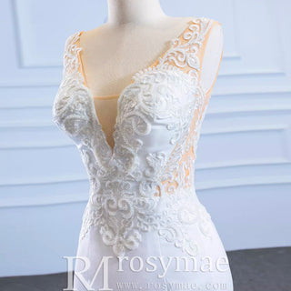 Leaf-Shape Train Mermaid Lace Satin Vneck Wedding Dress with Leg Slit