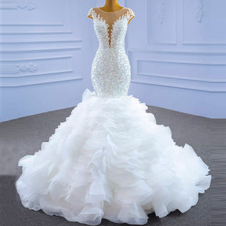 Luxury Pearl Mermaid Ruffle Wedding Dress with Cap Sleeve