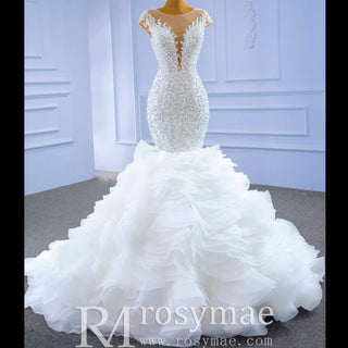 Luxury Pearl Mermaid Ruffle Wedding Dress with Cap Sleeve