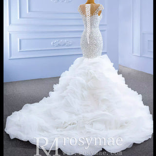 Luxury Pearl Mermaid Ruffle Wedding Dress with Cap Sleeve