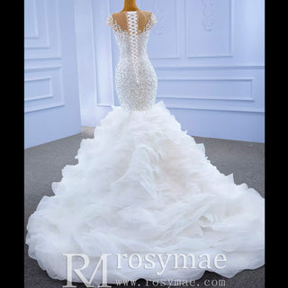 Luxury Pearl Mermaid Ruffle Wedding Dress with Cap Sleeve