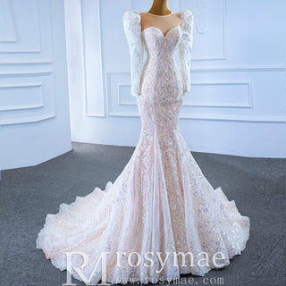 Sheer Neck Sparkly Mermaid Wedding Dress with Long Puffy Sleeves