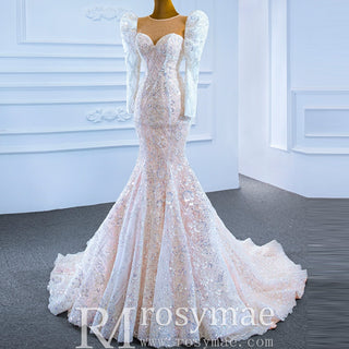 Sheer Neck Sparkly Mermaid Wedding Dress with Long Puffy Sleeves