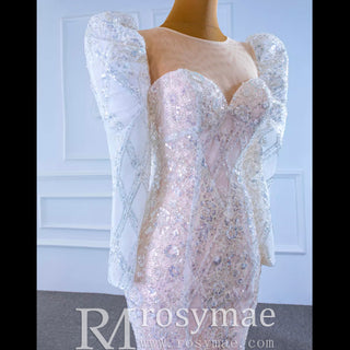 Sheer Neck Sparkly Mermaid Wedding Dress with Long Puffy Sleeves