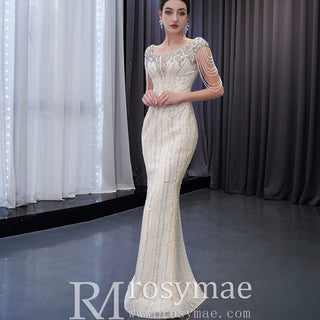 Tassel Sequins Beaded Trumpet Wedding Dress with Detachable Train