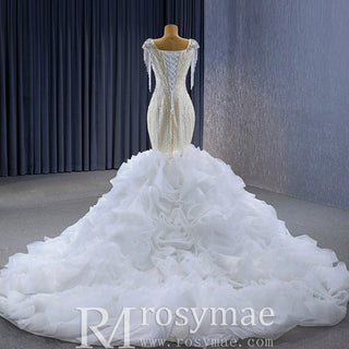 Tassel Sequins Beaded Trumpet Wedding Dress with Detachable Train