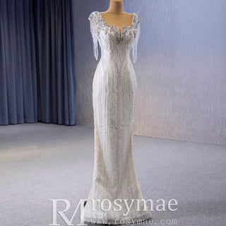 Tassel Sequins Beaded Trumpet Wedding Dress with Detachable Train