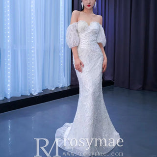 Beaded Modern Off the Shoulder Wedding Dress with Detachable Skirt