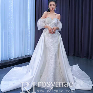 Beaded Modern Off the Shoulder Wedding Dress with Detachable Skirt