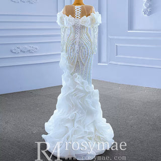 Mermaid Ruffle Wedding Dress with Off the Shoulder Long Sleeves