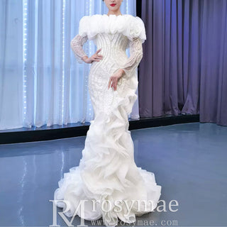 Mermaid Ruffle Wedding Dress with Off the Shoulder Long Sleeves