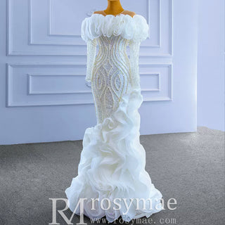 Mermaid Ruffle Wedding Dress with Off the Shoulder Long Sleeves