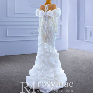 Mermaid Ruffle Wedding Dress with Off the Shoulder Long Sleeves