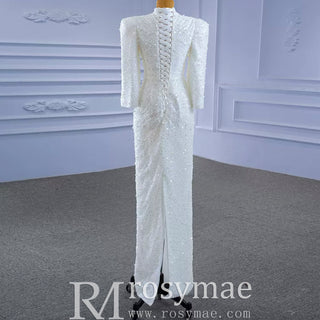 Beaded High Neck Sheath Wedding Dress with Long Sleeves