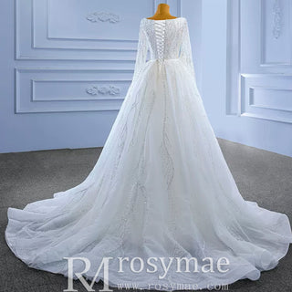 Square Neck Long Sleeve Wedding Dress with Detachable Train