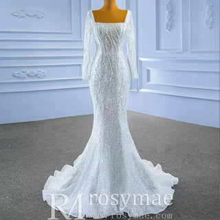 Square Neck Long Sleeve Wedding Dress with Detachable Train