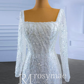 Square Neck Long Sleeve Wedding Dress with Detachable Train