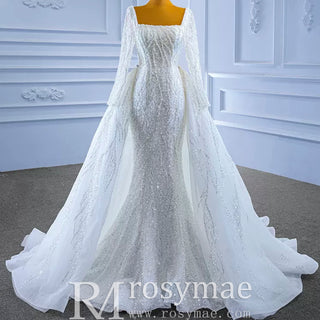 Square Neck Long Sleeve Wedding Dress with Detachable Train