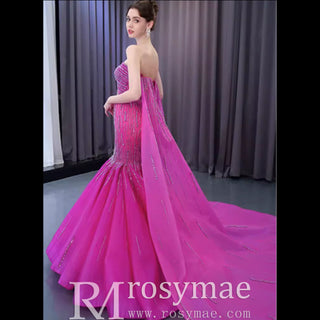 High-end Fuchsia Handmade Beading Prom Dress Evening Gown