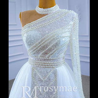 Mock Neck Pearl Beaded Overskirt Wedding Dress with One Shoulder Sleeve