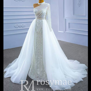 Mock Neck Pearl Beaded Overskirt Wedding Dress with One Shoulder Sleeve