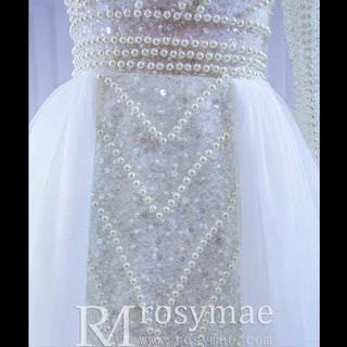 Mock Neck Pearl Beaded Overskirt Wedding Dress with One Shoulder Sleeve