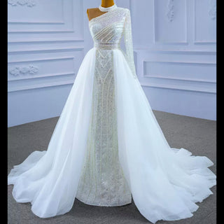 Mock Neck Pearl Beaded Overskirt Wedding Dress with One Shoulder Sleeve