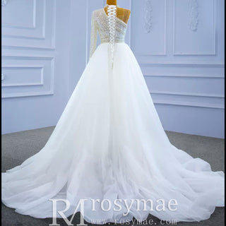 Mock Neck Pearl Beaded Overskirt Wedding Dress with One Shoulder Sleeve