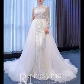 Mock Neck Pearl Beaded Overskirt Wedding Dress with One Shoulder Sleeve