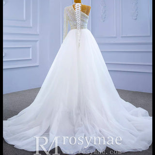 Mock Neck Pearl Beaded Overskirt Wedding Dress with One Shoulder Sleeve