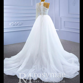 Mock Neck Pearl Beaded Overskirt Wedding Dress with One Shoulder Sleeve