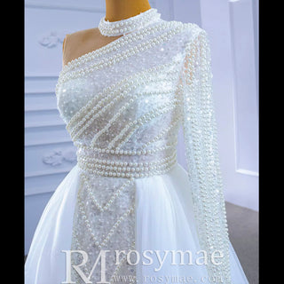 Mock Neck Pearl Beaded Overskirt Wedding Dress with One Shoulder Sleeve